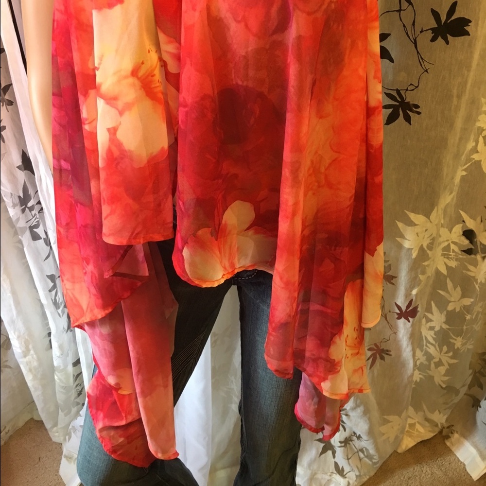 Jeans by Buffalo Floral Asymmetrical Chiffon Wrap Blouse | Sheer Layering Top L - Picture 3 of 4